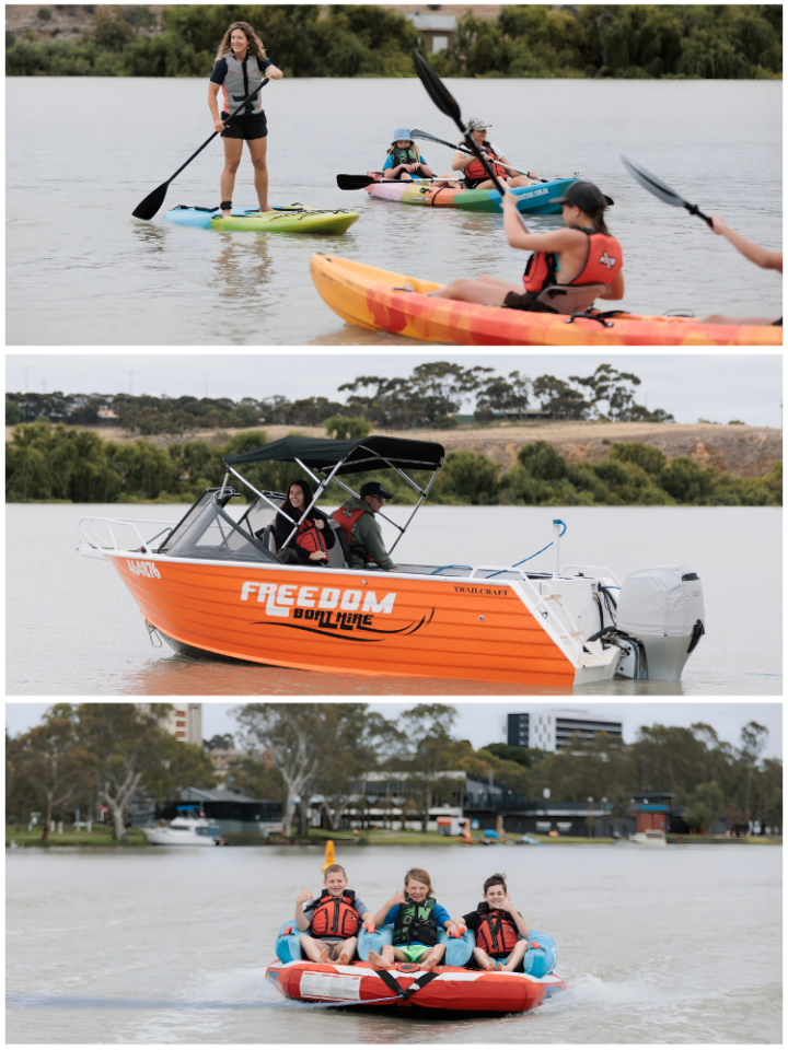 Three images show kayaking, a speedboat, and tubing on a river.